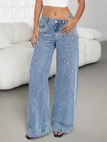 Jeanoix 女士时尚休闲宽松直筒水钻水洗牛仔裤 - 淺色水洗藍 - 查看 5