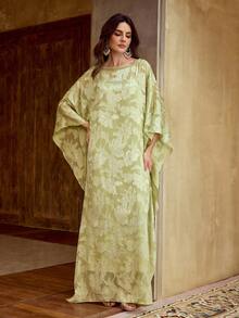 ZEYLAH Elegant Jacquard Flare Sleeve Loose Dress, Vacation Style, Spring/Autumn - Green - View 6