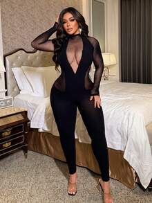 NU&NOW Mono sexy negro transparente para mujer de talla grande - Negro - Ver 3