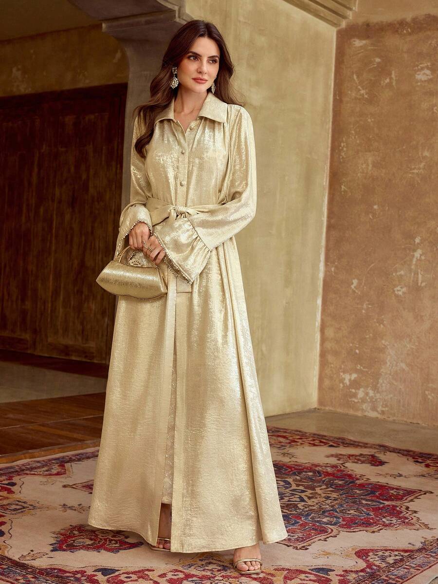 ZEYLAH Women's Casual Bell Sleeve Light Weight Long Shirt Jacekt, Spring/Summer - Apricot - View 1