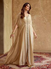 ZEYLAH 优雅V领编织纹理雪纺长袍，春夏款 - 香檳色 - 查看 5