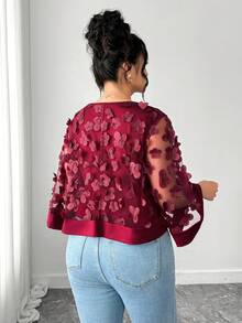 Elenzga Plus Size Women's Fashionable Delicate 3D Floral Sheer Poncho Top, Spring/Summer - Red Violet - View 2