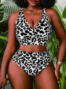 Slaydiva Bộ bikini hai mảnh cỡ lớn dành cho nữ, họa tiết da báo, cổ chữ V, cạp cao, kiểu tam giác. - Nhiều màu - Xem 3