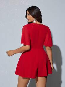 Viva Relle Bộ jumpsuit cỡ lớn, màu trơn, thanh lịch, cổ chữ V sâu, tay bồng, thích hợp cho mùa hè. - Đỏ - Xem 6