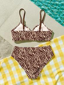 少女复古猎豹纹吊带泳衣套装，休闲修身吊带背心和泳裤，适合夏季海岛、海滩、度假、沙滩装 - 彩色 - 查看 2