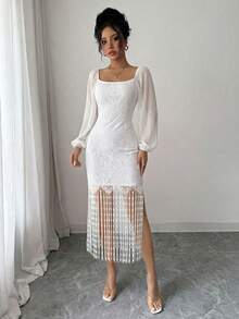 Modelyn 女士白色蕾丝流苏设计优雅时尚中长连衣裙，适合外出和约会 - 白色 - 查看 4