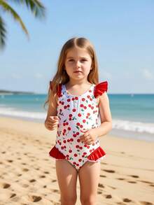 1件可爱樱桃印花女童连体泳衣 - 紅白色 - 查看 5