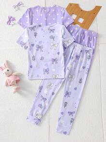 Young Girl' Purple Bow & Heart Print Short Sleeve Pajama Set - Mauve Purple - View 2