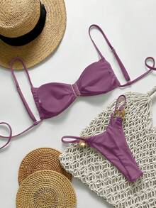 Swim Chiccia 两件套女士夏季度假沙滩装，金属色纯色吊带抹胸上衣和丁字裤比基尼套装，纯色比基尼聚拢文胸泳衣，聚拢比基尼，半罩杯比基尼，聚拢泳衣，无肩带比基尼，紫色比基尼，抹胸比基尼 - 中紫紅色 - 查看 2