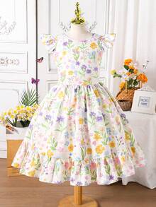 SHEIN Sparklyn 少女碎花露背蝴蝶结短袖收腰连衣裙 - 彩色 - 查看 3