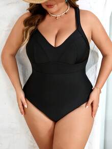 SHEIN CURVE+ 大码女士黑色交叉露背带连体泳衣，适合海滩穿着 - 彩色 - 查看 6