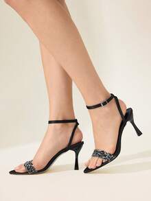 CUCCOO CHICEST Giày sandal cao gót mũi nhọn, giày sandal cao gót đính đá lấp lánh thời trang, giày cưới đa năng - màu đen - Xem 6