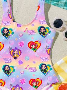 Tween Girls' Casual Vacation K-Pop Superstars Graphic One-Piece Swimsuit, Suitable For Summer - Multicolor - View 4