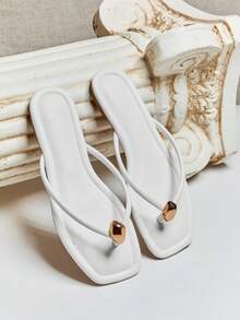 SHUZIA Women Comfortable Classic Thong Flat Sandals With Metal Ornament - White - View 7