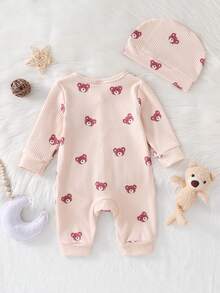 Newborn Beige Bear Pattern Long Sleeve Jumpsuit With Hat Set - Khaki - View 2