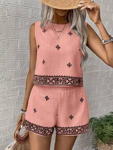 EMERY ROSE Graphic Print Round Neck Tank Top And Shorts Casual Vacation 2 Pieces Set - Pink - View 6