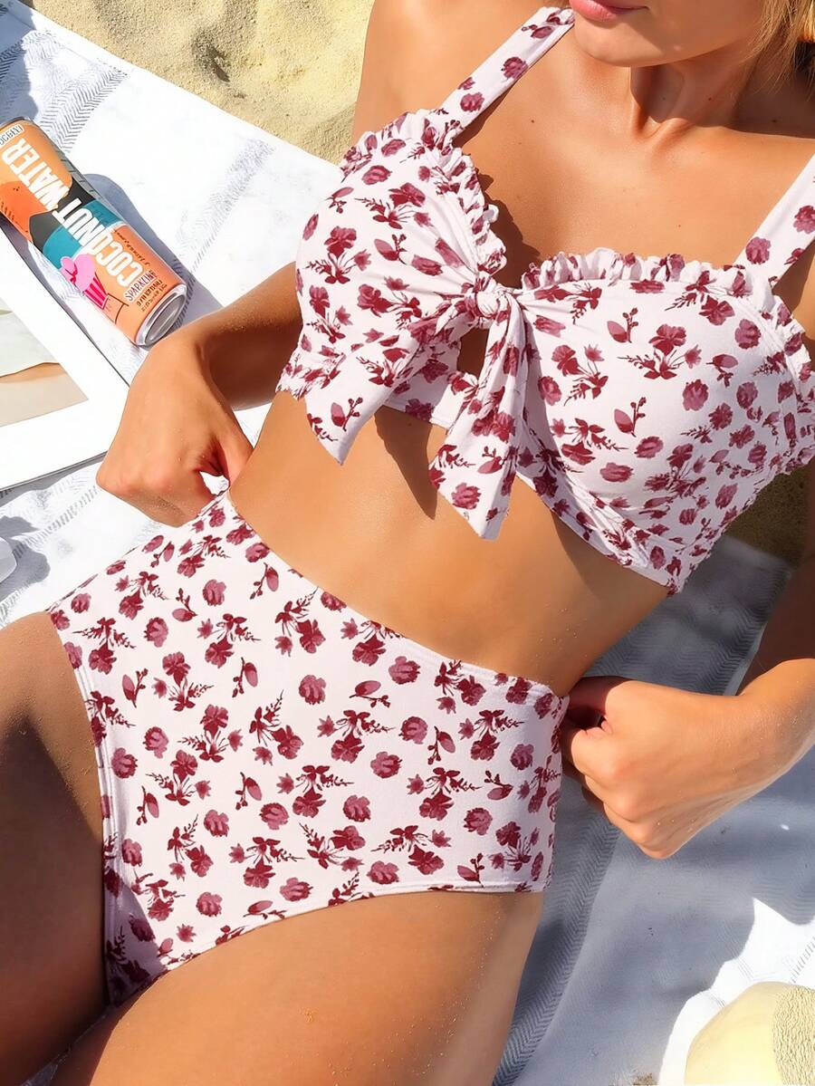 Swim Vcay 女士夏季新款度假风无肩带挂脖系带或可拆卸两穿高腰印花比基尼套装 - 彩色 - 查看 1