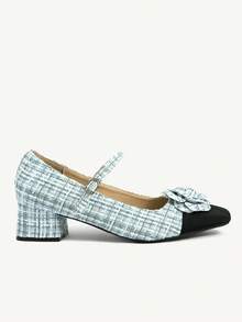 CUCCOO CHICEST 女士优雅高跟鞋，撞色设计，3D立体花卉装饰，格子拼接，搭扣设计 - 淺藍色 - 查看 7