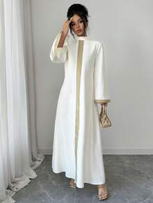 Elenzga Apricot Stand Collar Embroidered Lace Trim Slit Loose Lantern Sleeve Dress,Modest White And Gold Al-Adha Holiday Dinner Autumn Elegant Party Dress - Apricot - View 5