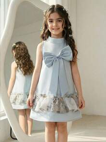 SHEIN Young Girl Woven Solid Color Bowknot Ruffle Hem Casual Dress, Young Girls - Blue - View 6