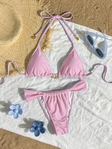 Bonvoyette 比基尼沙滩装春夏时尚度假休闲纯色海星装饰性感比基尼套装 - 粉色 - 查看 2