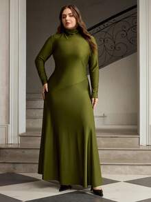 ZEYLAH Turtleneck Knit Minimalist Long Sleeve Fitted Dress - Army Green - View 4