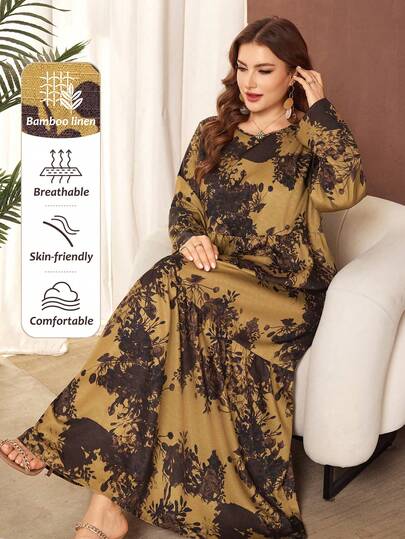 Lacomfia Plus Size Women Casual Printed Long Sleeve Loose Dress