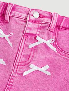 SHEIN Baby Girl Pink Ribbon Bow, Blue Denim Stretch Snug Fit Skirt - Pink - View 3