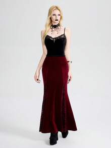 Breakform Women's Gothic Sexy Lace Trim & Metal Cross Decor Velvet Camisole, Fitted Short Crop Top - Black - View 5