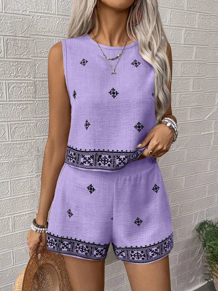 SHEIN LUNE Graphic Print Round Neck Tank Top And Shorts Casual Vacation 2 Pieces Set - Mauve Purple - View 1