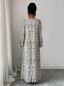 Yasmyna 女士梭织印花V领撞色袖口及下摆开衩连衣裙，宽松阿拉伯风格 - 綠色 - 查看 2