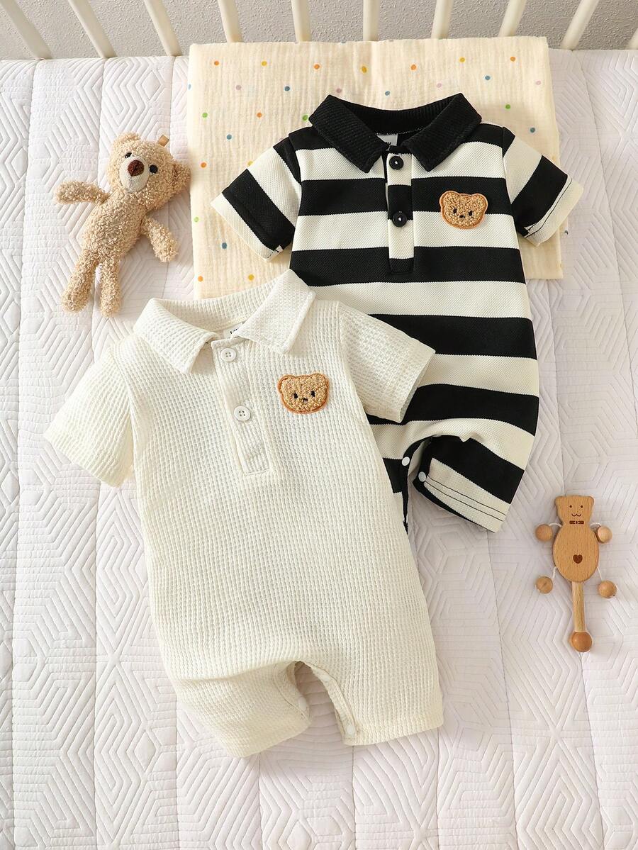 SHEIN 2pcs/Set Toddler Cute Casual Colorblock Striped Lapel Button-Up Short Sleeve Printed Romper Infant Boy Clothes With Bear Neutral Baby Clothes Unisex Baby Unisex Clothes Newborn Black And White Striped Romper Baby Romper