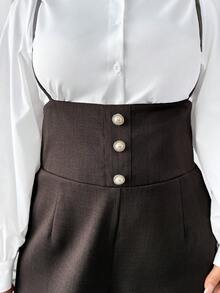 Elenzga 女士优雅新款斜纹高腰侧拉链可调节肩带休闲阔腿连体裤，适合通勤和日常穿着 - 咖啡棕 - 查看 3