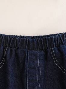 SHEIN Playful Pals Baby Boys' Denim Blue & Plaid Patchwork Short Sleeve Casual Shirt With Denim Shorts Set,Navy Blue,Summer,Casual,Family Matching Outings Birthday Party - Blue - View 7