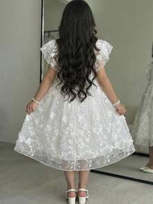 SHEIN 少女白色优雅蕾丝荷叶袖圆领公主裙 - 白色 - 查看 8
