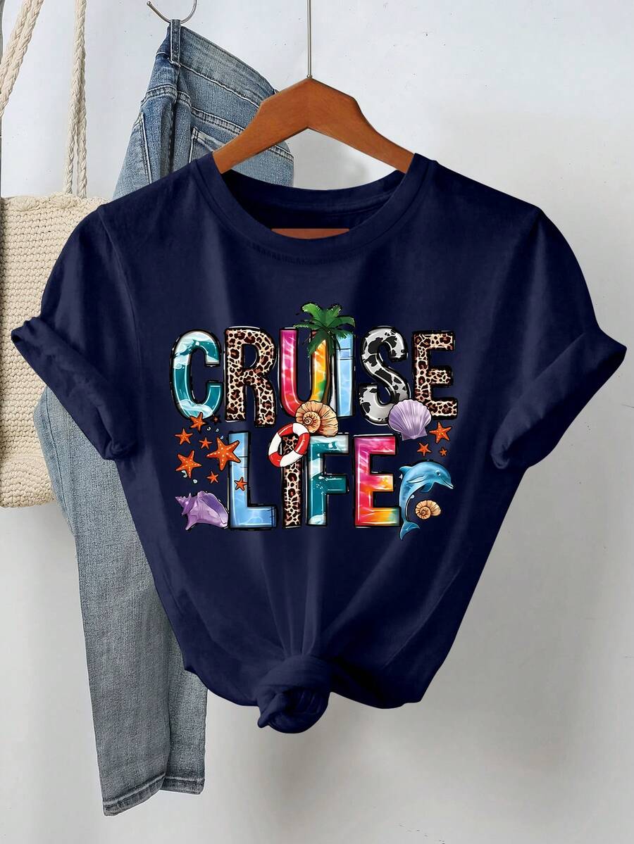 Resyla Camiseta de mujer de cuello redondo con estampado de letras, casual de verano - Negro - Ver 1