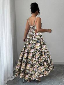 SHEIN Elenzya 大码女式藏蓝色和白色碎花V领露背系带蝴蝶结长裙，舒适休闲/派对装，夏季 - 彩色 - 查看 2