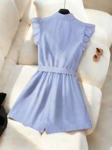 Franclia 女士春夏法式优雅简约翻领短袖刺绣腰带休闲条纹连体裤 - 藍白色 - 查看 2