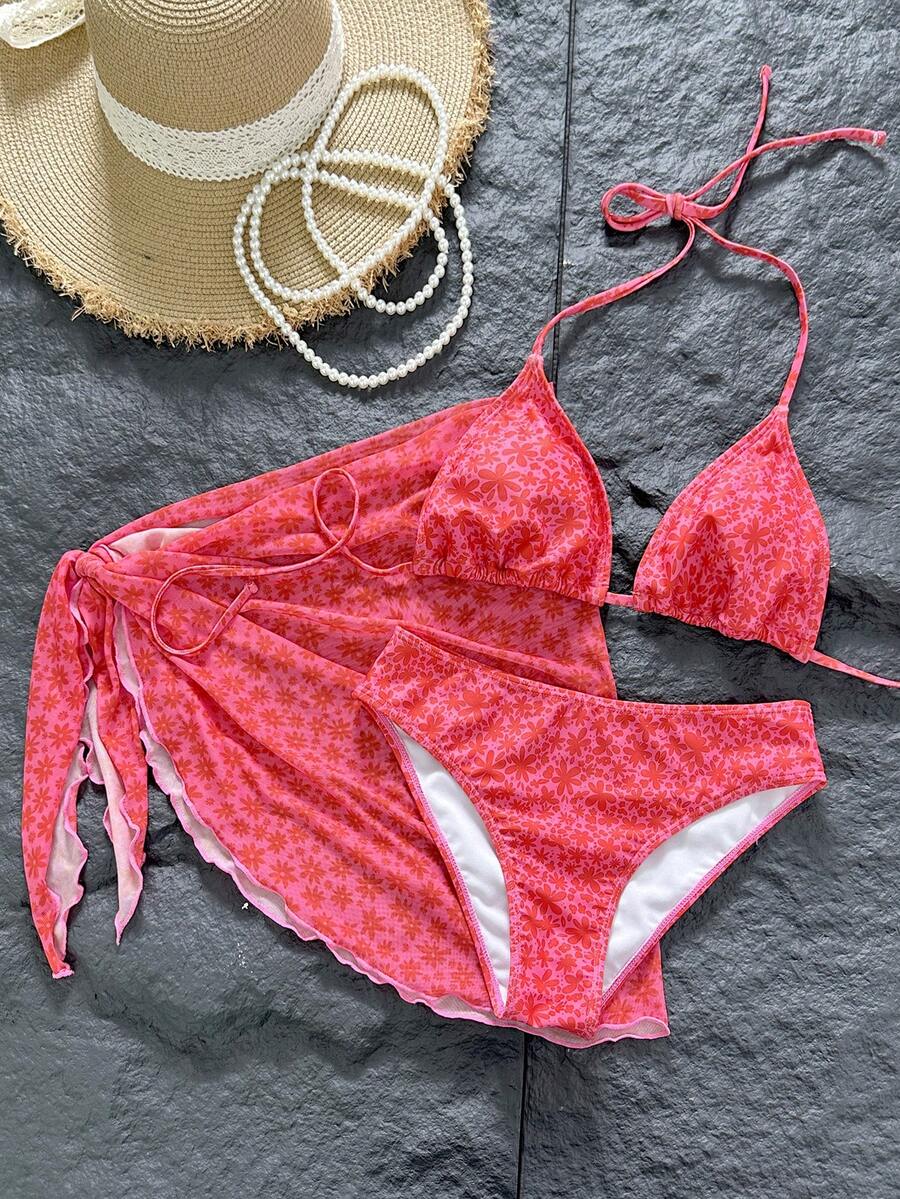 Swim Mod Set de costume de baie sexy cu halter și imprimeu floral fuchsia pentru femei, 3 piese, pentru vacanță la plajă, haine de vară Ytk, costume de baie Zestiva, ținută de vacanță Zante, ținută de plajă pentru femei, costume de baie de vară, la un preț fix, costume de baie pentru femei, costume de baie pentru vacanță de doamne - Roz fierbinte - Vizualizare 1