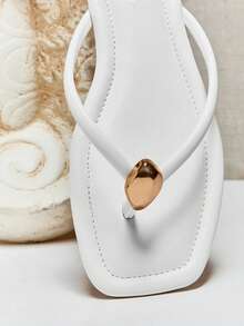 SHUZIA Women Comfortable Classic Thong Flat Sandals With Metal Ornament - White - View 6