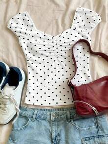 Teen GirlBlack Polka Dot Versatile Casual Short Sleeve Top, Spring/Summer - Black and White - View 3