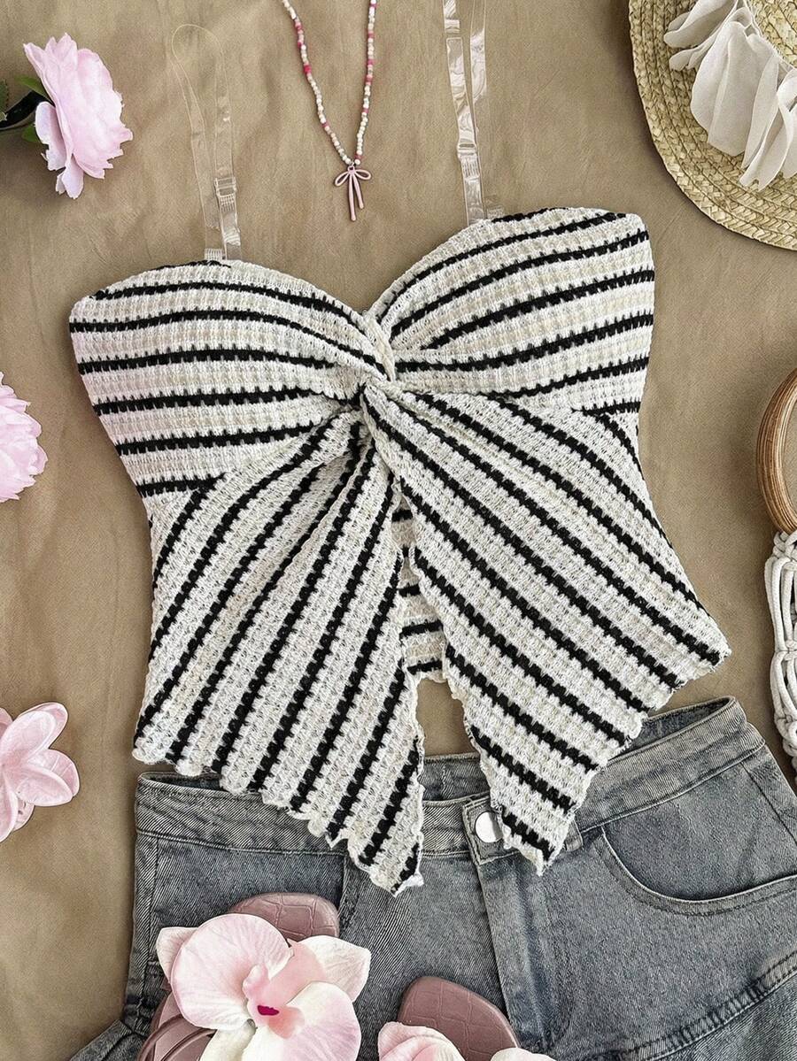 SHEIN Tween Girl Striped Twist Ruched Asymmetric Hem Fashionable Versatile Party Wear Top - Black and White - View 1