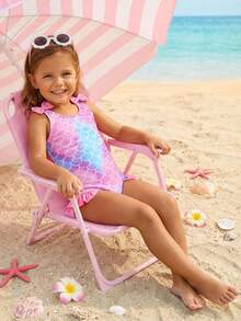 Emery Rose Kids Emery Rose Kids Young Girl Cute Fish Scale Random Print Ruffle Trim One-Piece Swimsuit, Summer Beach Holiday - Baby Pink - View 1