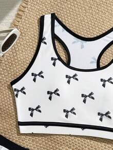 少女蝴蝶结印花圆领吊带背心和短裤两件套比基尼套装 - 黑與白 - 查看 5