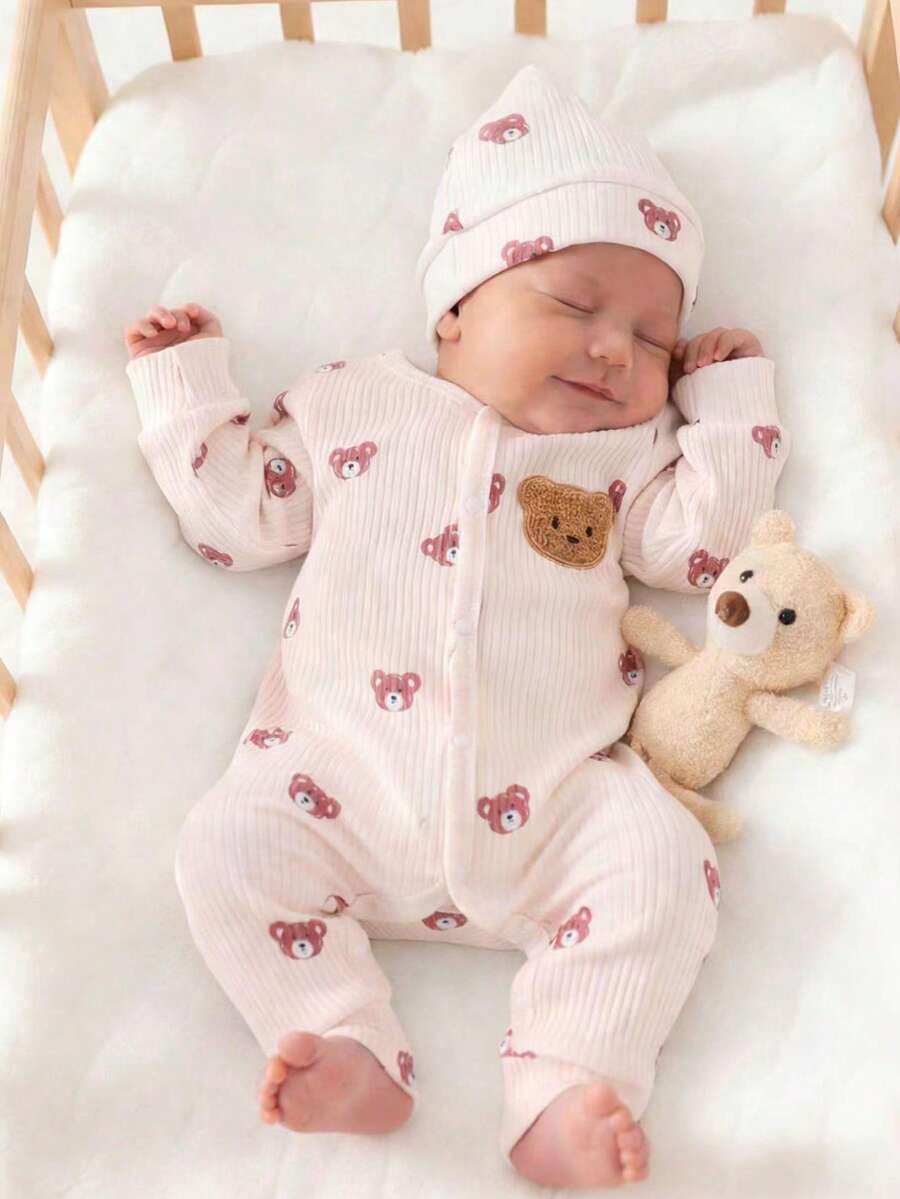 Newborn Beige Bear Pattern Long Sleeve Jumpsuit With Hat Set - Khaki - View 1