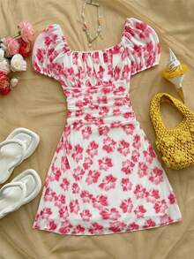 SHEIN Tween Girl Elegant Floral Print Puff Sleeve Ruffle Hem Dress, French Style - Pink - View 1