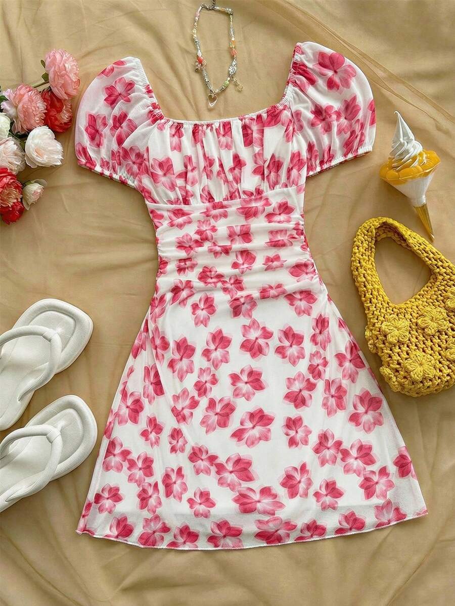 SHEIN Tween Girl Elegant Floral Print Puff Sleeve Ruffle Hem Dress, French Style - Pink - View 1