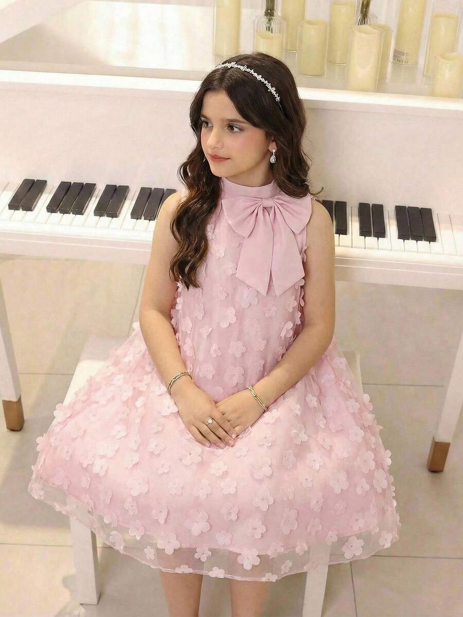 SHEIN Pitira 少女立领网纱碎花休闲宽松吊带连衣裙 - 粉色 - 查看 1