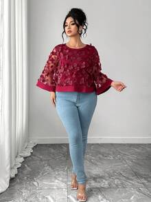 Elenzga Plus Size Women's Fashionable Delicate 3D Floral Sheer Poncho Top, Spring/Summer - Red Violet - View 5