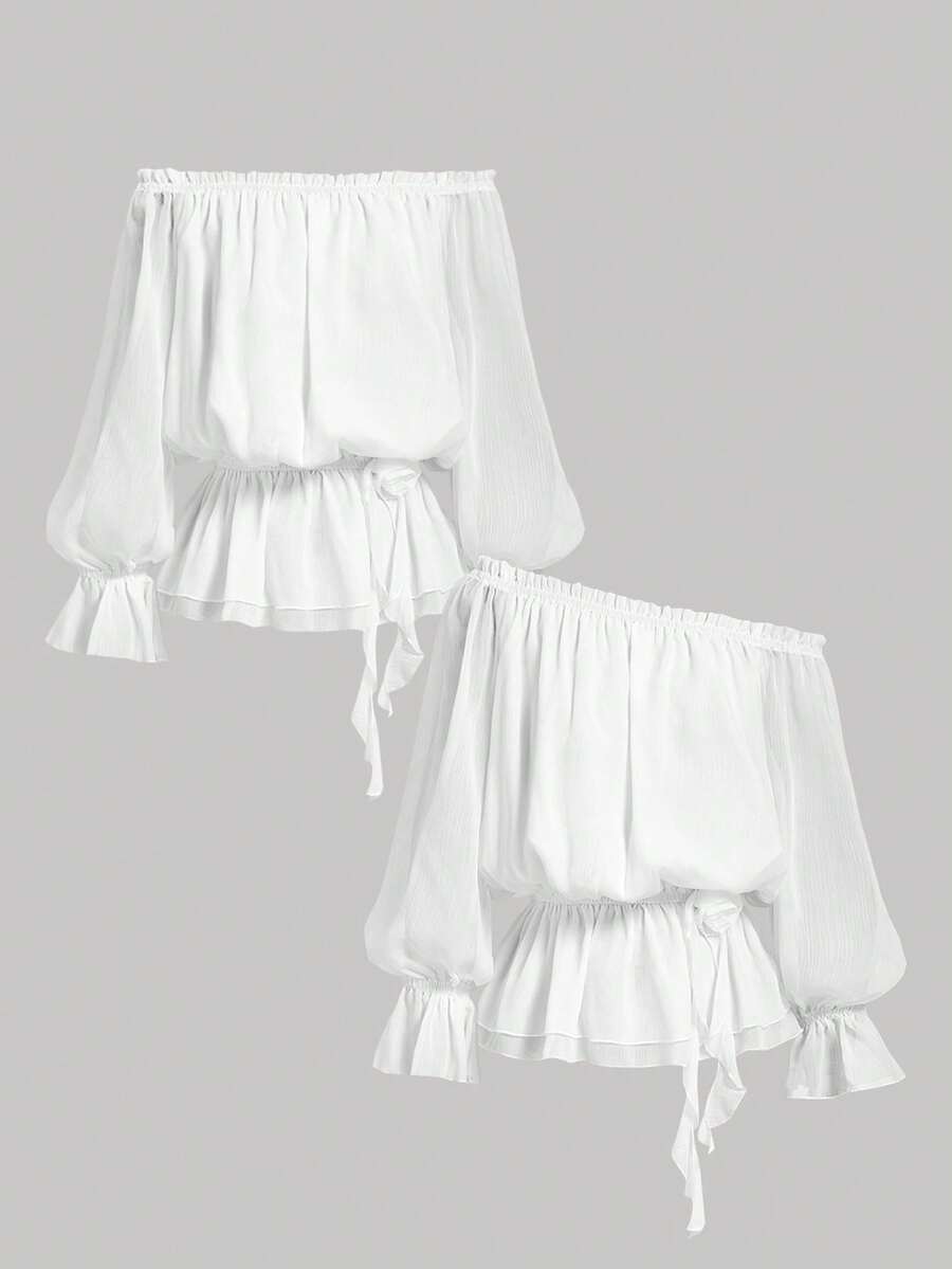 SHEIN MOD 女士优雅露肩荷叶边袖口上衣 - 白色 - 查看 1